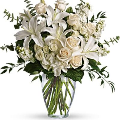 <div id="mark-3" class="m-pdp-tabs-marketing-description">A dreamy bouquet of white sympathy flowers is a comforting reminder of your love. The lush arrangement of soft colors is delivered in a majestic, tall glass vase.</div>
<div id="desc-3">
<ul>
 	<li>This gorgeous bouquet overflows with white hydrangea, crème roses, white spray roses, white oriental lilies, white stock, spiral eucalyptus, salal and Italian ruscus in a classic glass vase.</li>
</ul>
</div>